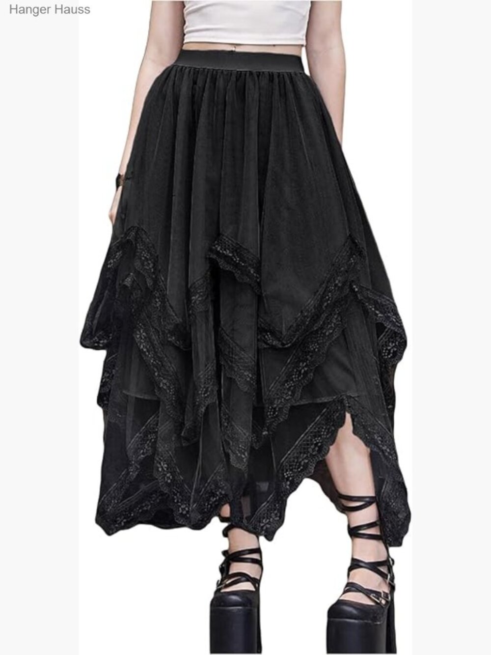 Lace Trim Mesh Tulle Skirt High Waist Asymmetrical Long Goth Skirt - Picture 1 of 6